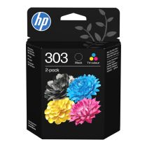 HP 303-pakket met drie kleuren inktpatronen (cyaan, magenta, geel) en één zwart inktpatroon