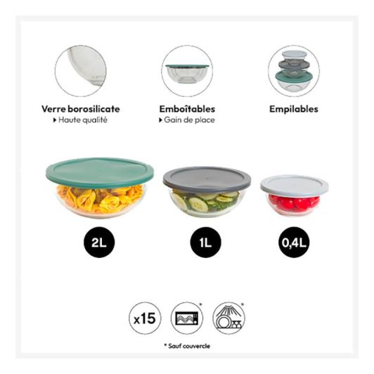 Lot de 3 saladiers verre + couvercles