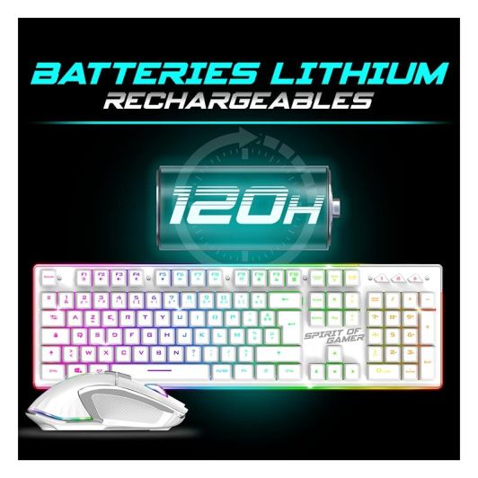 Pack Gamer Spirit of Gamer - Clavier Sans Fil AZERTY FR RGB + Souris 4800 DPI, Rechargeable, Aluminium, PC/PS4/PS5/Xbox - Blanc