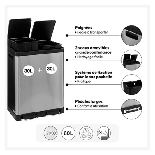 Poubelle tri 2x30L inox
