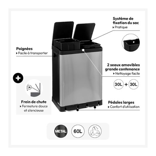 Poubelle tri 2x30L inox