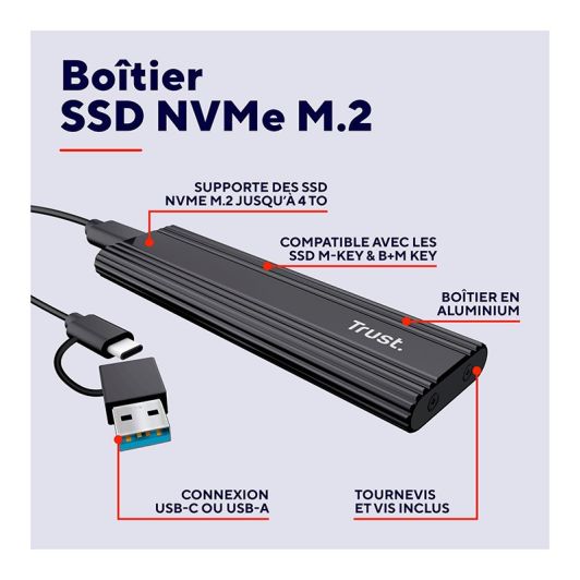 Boîtier TRUST SSD M.2 USB 3.2 Gen 2 – Boîtier externe pour disque NVMe/SATA (Noir)
