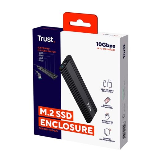 Boîtier TRUST SSD M.2 USB 3.2 Gen 2 – Boîtier externe pour disque NVMe/SATA (Noir)