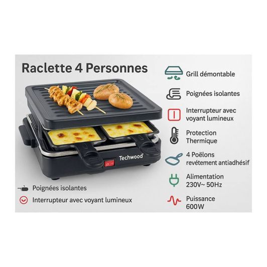 Raclette TECHWOOD voor 4 personen + grill TRA-46