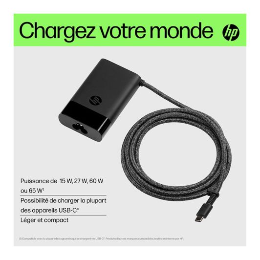 Chargeur HP USB-C 65W – Chargeur universel pour ordinateur portable, tablette et smartphone