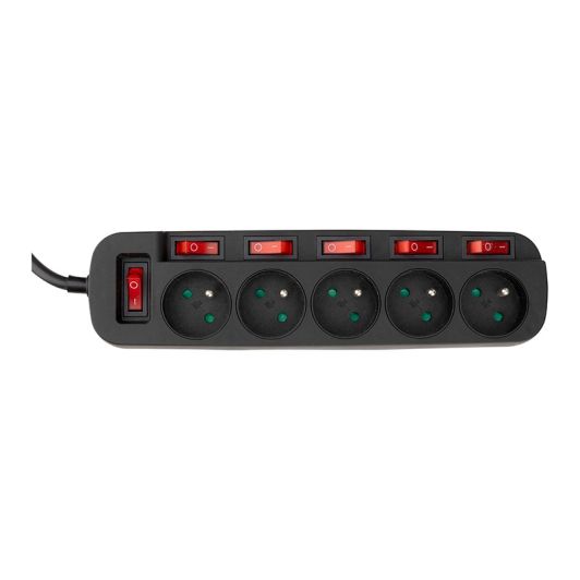 ZENITECH stekkerdoos 5 stopcontacten + 6 schakelaars,  kabel 3 m zwart
